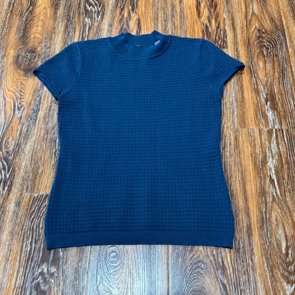 T Tahari Womens Teal Blue Waffle Knit Mock Neck Short Sleeve Sweater Size S